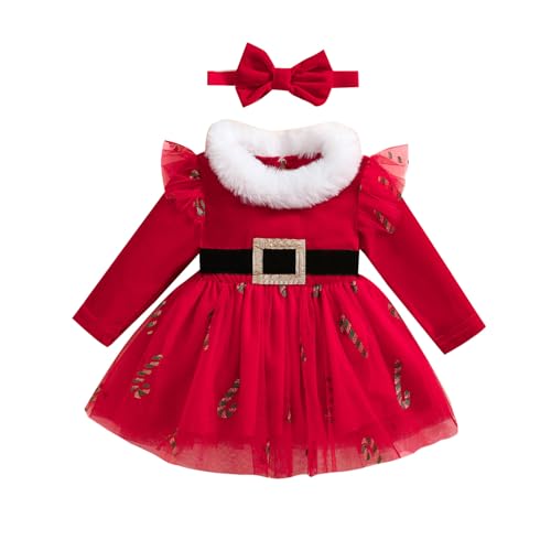Yassiglia Baby Mädchen Weihnachten Outfit Langarm Tüllkleid + Stirnband Set Neugeborene Mädchen Weihnachten Tutu Kleid Kleinkind Weihnachtskleid (Rot, 12-18 Months) von Yassiglia