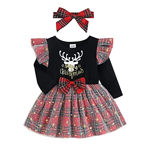 Yassiglia Baby Mädchen Weihnachtskleid Langarm Tutu Prinzessin Kleid Baby Born Weihnachtsoutfit Kleinkind Weihnachten Kleidung Set (Rot Schwarz A, 18-24 Months) von Yassiglia