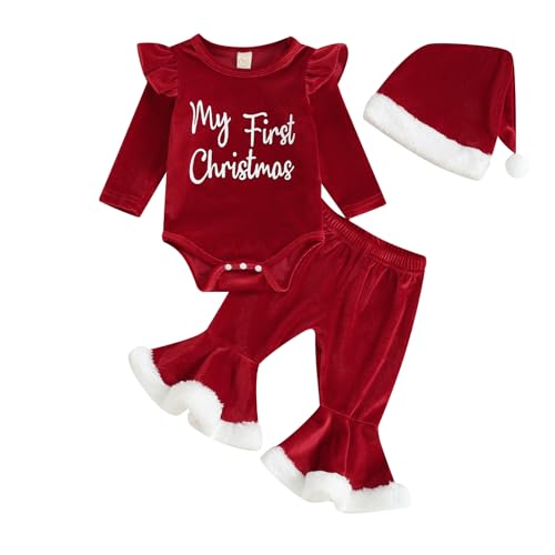 Yassiglia Baby Mädchen Weihnachtsoutfit Langarm Body Strampler + Schlaghose + Haarband Outfit Neugeborene 3tlg Weihnachten Kleidung Set (Rot mit Mütze, 0-3 Months) von Yassiglia