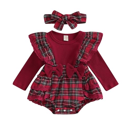 Yassiglia Baby Mädchen Weihnachtsoutfit Neugeborene Strampler Kleid Kleinkind Rotes Kariertes Weihnachtskleid Langarm Bodysuit + Strinband Set für Weihnachten (Rot C, 0-3 Months) von Yassiglia