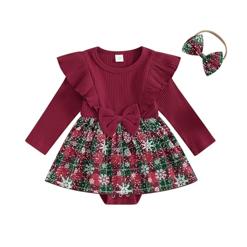 Yassiglia Baby Mädchen Weihnachtsoutfit Neugeborene Strampler Kleid Kleinkind Rotes Kariertes Weihnachtskleid Langarm Bodysuit + Strinband Set für Weihnachten (Rot Lila, 0-3 Months) von Yassiglia