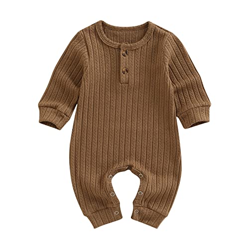 Yassiglia Baby Strampler Herbst Winter Schlafanzug mit Knopf Rundhalsausschnitt Langarm Jumpsuit Casual Overall für Neugeborenes Mädchen Jungen (Braun, 6-12 Months) von Yassiglia