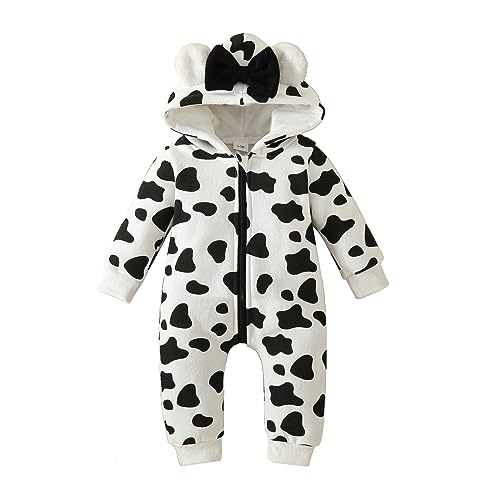 Yassiglia Baby Strampler Neugeborene Herbst Winter Overall Kleinkind Tierkostüm Jumpsuit mit Kapuze Langarm Bodysuit für Baby Mädchen Jungen Kuschelig (Schwarz Weiß Kuh, 6-9 Months) von Yassiglia