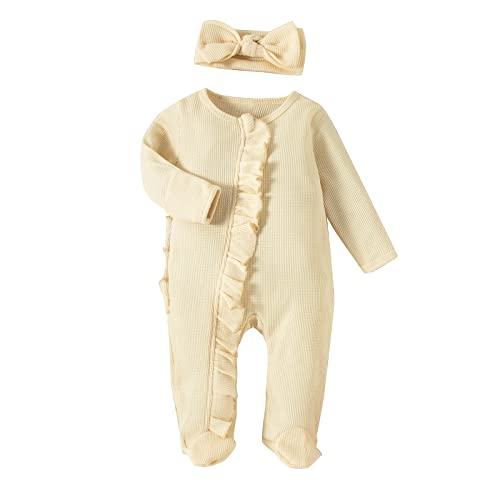 Yassiglia Baby Strampler Neugeborene Mädchen Zip Up Jumpsuit + Strinband Set Einfarbig Rundhals Wollwalk Overall Baby Langarm Einteiler Babykleidung Outfit (Beige, Newborn) von Yassiglia