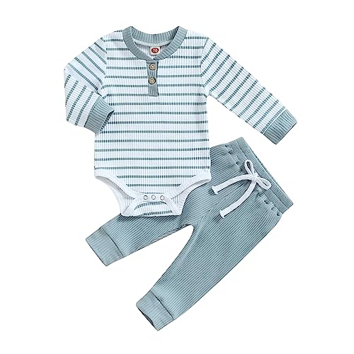 Yassiglia Babykleidung Set Baby Jungen Kleidung Outfit Weiches Gestreiftes Babyset Neugeborene Langarm Body Strampler + Hose (Blau, 3-6 Months) von Yassiglia