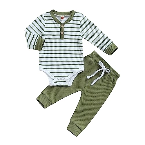 Yassiglia Babykleidung Set Baby Jungen Kleidung Outfit Weiches Gestreiftes Babyset Neugeborene Langarm Body Strampler + Hose (Grün, 3-6 Months) von Yassiglia
