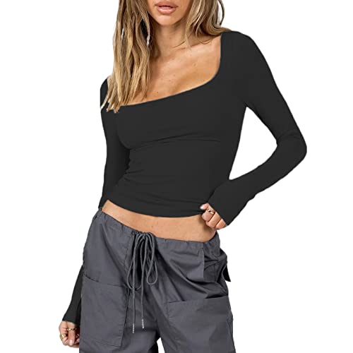 Yassiglia Basic Langarmshirt Damen Eng Bauchfreie Oberteile Langarm Crop Top Y2K Fashion Shirts Sexy Slim Fit Oberteil mit Daumenlöchern (A-Schwarz, S) von Yassiglia