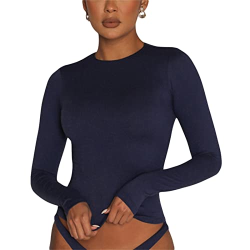 Yassiglia Basic Langarmshirt Damen Eng Bauchfreie Oberteile Langarm Crop Top Y2K Fashion Shirts Sexy Slim Fit Oberteil mit Daumenlöchern (B-Dunkel Blau, M) von Yassiglia