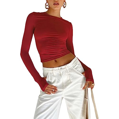 Yassiglia Basic Langarmshirt Damen Eng Bauchfreie Oberteile Langarm Crop Top Y2K Fashion Shirts Sexy Slim Fit Oberteil mit Daumenlöchern (Rot, L) von Yassiglia