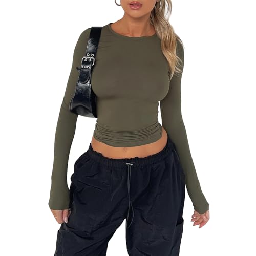 Yassiglia Basic Langarmshirt Damen Y2K Top Eleagnt Oberteil Langarm Crop Tops Enge Oberteile Women Long Sleeve Shirt Aesthetic Clothes für Teenager Mädchen (Armee Grün, M) von Yassiglia