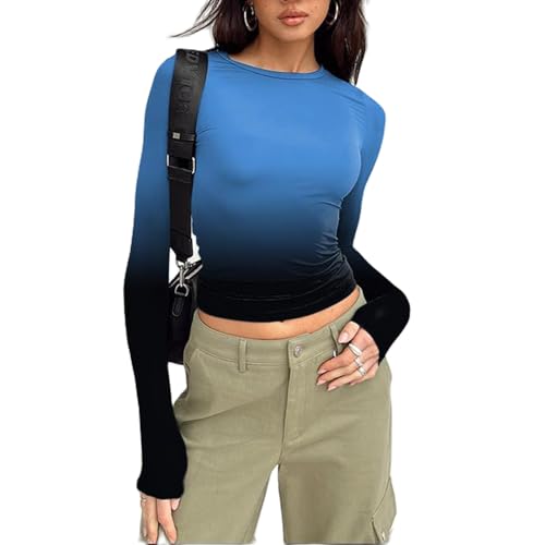 Yassiglia Basic Langarmshirt Damen Y2K Top Eleagnt Oberteil Langarm Crop Tops Enge Oberteile Women Long Sleeve Shirt Aesthetic Clothes für Teenager Mädchen (Blau Schwarz, M) von Yassiglia