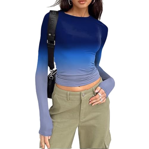 Yassiglia Basic Langarmshirt Damen Y2K Top Eleagnt Oberteil Langarm Crop Tops Enge Oberteile Women Long Sleeve Shirt Aesthetic Clothes für Teenager Mädchen (Dunkel Blau, S) von Yassiglia