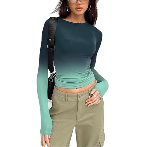 Yassiglia Basic Langarmshirt Damen Y2K Top Eleagnt Oberteil Langarm Crop Tops Enge Oberteile Women Long Sleeve Shirt Aesthetic Clothes für Teenager Mädchen (Grün, L) von Yassiglia