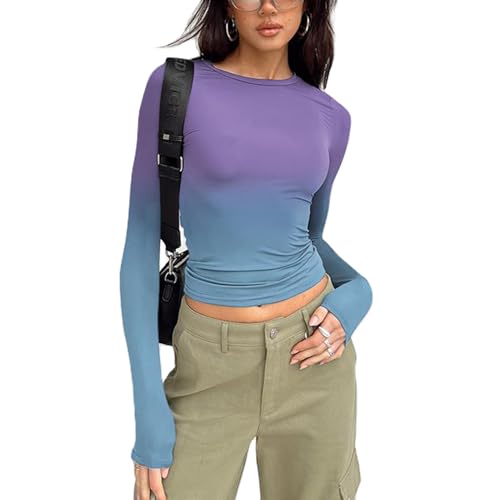 Yassiglia Basic Langarmshirt Damen Y2K Top Eleagnt Oberteil Langarm Crop Tops Enge Oberteile Women Long Sleeve Shirt Aesthetic Clothes für Teenager Mädchen (Lila Blau, M) von Yassiglia