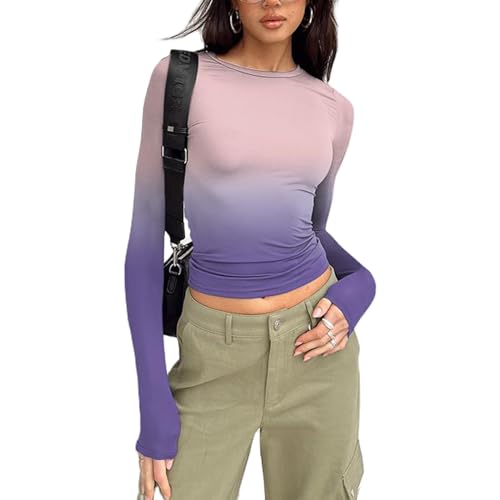 Yassiglia Basic Langarmshirt Damen Y2K Top Eleagnt Oberteil Langarm Crop Tops Enge Oberteile Women Long Sleeve Shirt Aesthetic Clothes für Teenager Mädchen (Rosa Lila, M) von Yassiglia