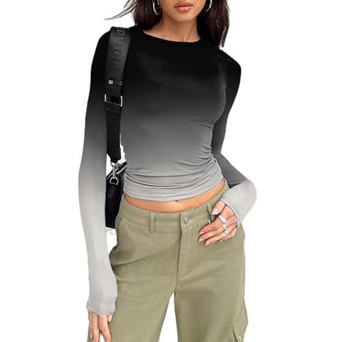 Yassiglia Basic Langarmshirt Damen Y2K Top Eleagnt Oberteil Langarm Crop Tops Enge Oberteile Women Long Sleeve Shirt Aesthetic Clothes für Teenager Mädchen (Schwarz Grau, M) von Yassiglia