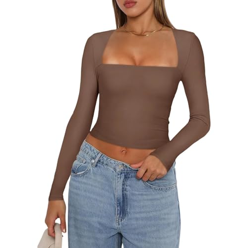 Yassiglia Basic Long Sleeve Tops Women Y2K Crop Top Women's Crew Neck Slim Fit Shirt Skims Dupe Casual Tight Baby Tees Girls Aesthetic Clothes (Braun A, S) von Yassiglia