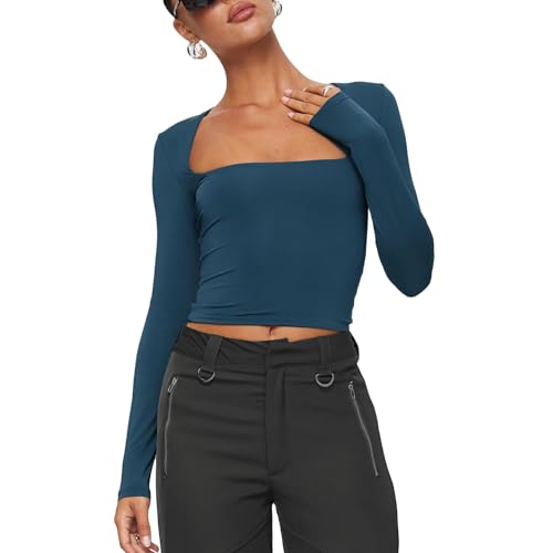 Yassiglia Basic Long Sleeve Tops Women Y2K Crop Top Women's Crew Neck Slim Fit Shirt Skims Dupe Casual Tight Baby Tees Girls Aesthetic Clothes (Dunkel Blau A, S) von Yassiglia