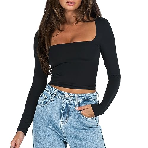 Yassiglia Basic Long Sleeve Tops Women Y2K Crop Top Women's Crew Neck Slim Fit Shirt Skims Dupe Casual Tight Baby Tees Girls Aesthetic Clothes (Schwarz A, M) von Yassiglia