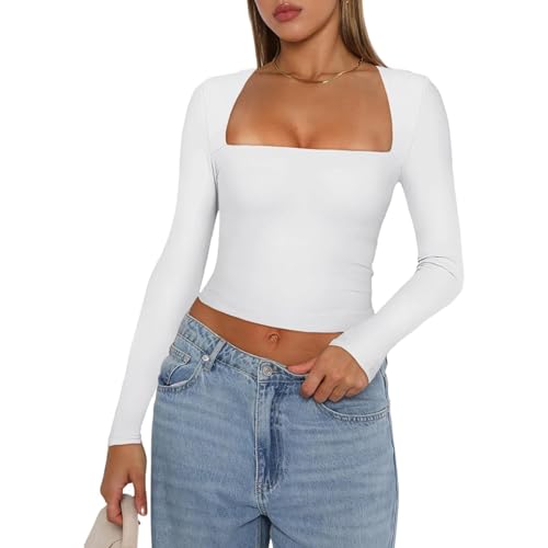 Yassiglia Basic Long Sleeve Tops Women Y2K Crop Top Women's Crew Neck Slim Fit Shirt Skims Dupe Casual Tight Baby Tees Girls Aesthetic Clothes (Weiß A, S) von Yassiglia