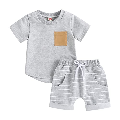 Yassiglia Bekleidungssets für Baby Jungen Top + Shorts Set Sommer Zweiteiler Outfit Neugeborene Babykleidung Kleinkind Weiches Kleidung Set (Grau Gestreift, 6-12 Months) von Yassiglia