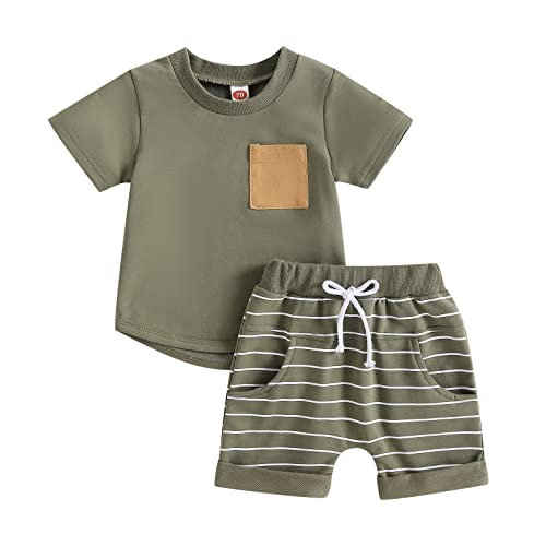 Yassiglia Bekleidungssets für Baby Jungen Top + Shorts Set Sommer Zweiteiler Outfit Neugeborene Babykleidung Kleinkind Weiches Kleidung Set (Grün Gestreift, 3-4 Years) von Yassiglia