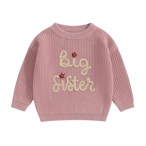 Yassiglia Big Sister Little Sister Passende Outfits Kleinkind Baby Mädchen Herbst Winter Pullover Niedlich Strickpullover Buchstabe Stickerei Pullover Top Strickwaren, Rosy Pink-big, 4-5 Jahre von Yassiglia