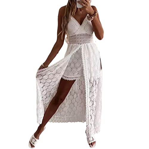Yassiglia Boho Kleid Damen Sommer Lange Kleider Strand Häkelkleid Lässig A-Linie Sommerkleid Ärmellos Rückenfrei Strandkleid Lang, Elegant, Leicht, Lufitg (Weiß B, L) von Yassiglia