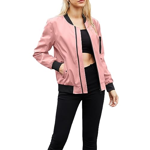 Yassiglia Bomberjacke Damen Elegante Jacke Leichte Fliegerjacke mit Tasche Pilotenjacke Frühling Herbst Übergangsjacke Y2K Zip Up Sweatjacke (Rosa, M) von Yassiglia