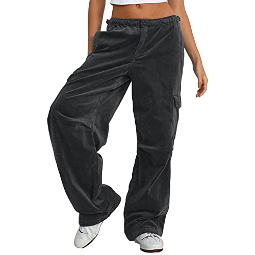 Yassiglia Cargohose Damen Baggy Cargo Hosen Frauen High Waist Weite Beine Fallschirm Hose Lange Freizeithose Y2K Parachute Pants Women Streetwear (Dunkel Grau, M) von Yassiglia