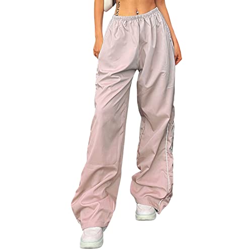 Yassiglia Cargohose Damen Baggy Cargo Hosen Frauen High Waist Weite Beine Fallschirm Hose Lange Freizeithose Y2K Parachute Pants Women Streetwear (Hell Rosa, S) von Yassiglia