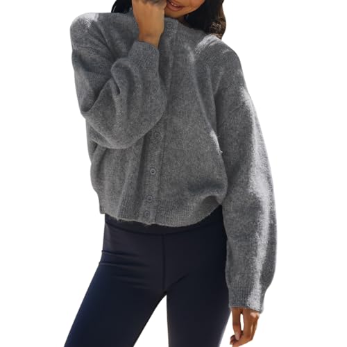 Yassiglia Casual Basic Cardigan Damen Kurz Strickjacke Weiche Warme Strickpullover Herbst Winter Übergangsjacke Einfarbige Lässige Strickweste Y2k Clothes (Dunkel Grau, XL) von Yassiglia