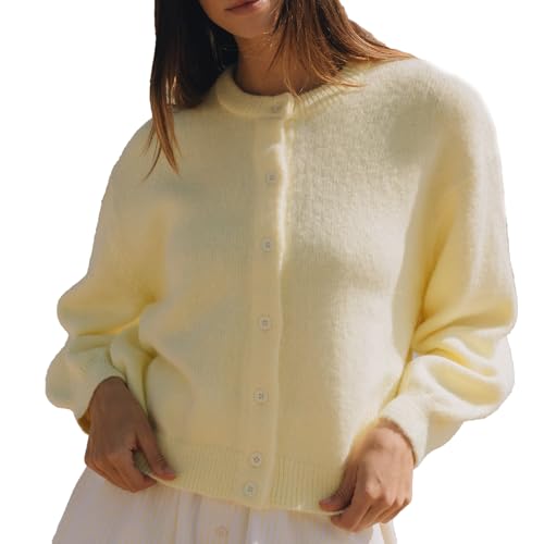 Yassiglia Casual Basic Cardigan Damen Kurz Strickjacke Weiche Warme Strickpullover Herbst Winter Übergangsjacke Einfarbige Lässige Strickweste Y2k Clothes (Gelb, S) von Yassiglia