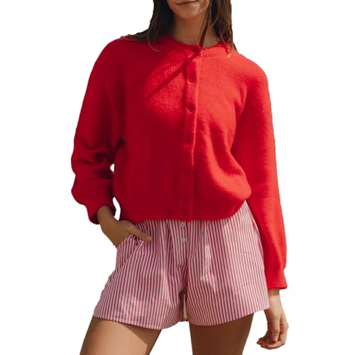 Yassiglia Casual Basic Cardigan Damen Kurz Strickjacke Weiche Warme Strickpullover Herbst Winter Übergangsjacke Einfarbige Lässige Strickweste Y2k Clothes (Rot, S) von Yassiglia