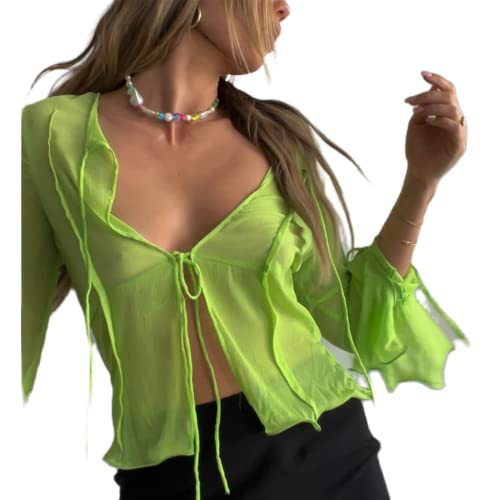 Yassiglia Chiffon Bluse Damen Sexy Tops Rüschen Langarm V-Auschnitt Oberteile Bauchweg Shirt Sommer Kurz Cardigan Y2K Aesthetic Crop Top (A Grün, L) von Yassiglia