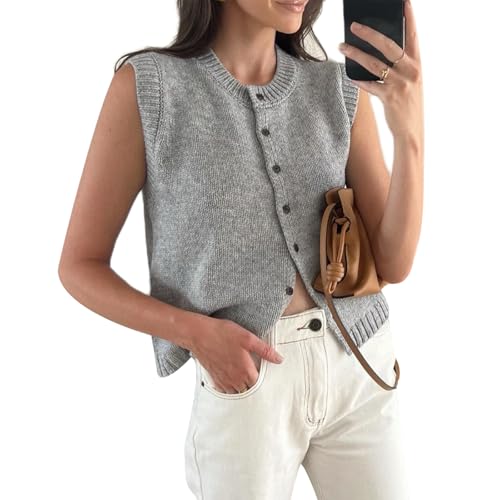 Yassiglia Damen Ärmellose Pullover Weste Weiche Leichte Strickweste Kurzarm Strick Shirt mit Knopf Sommer Y2k Knitted Tank Top (Grau, S) von Yassiglia