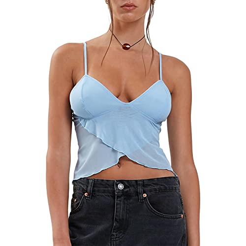 Yassiglia Damen Ästhetisch Patchwork Crop Tops Sommer Tank Top Ärmellose Rückenfreie Camisole Y2K Harajuku Camis Sexy, Elegant, Low Cut, Slim Fit (Hell Blau, M) von Yassiglia