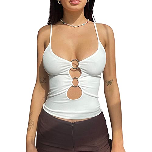 Yassiglia Damen Ästhetisch Patchwork Crop Tops Sommer Tank Top Ärmellose Rückenfreie Camisole Y2K Harajuku Camis Sexy, Elegant, Low Cut, Slim Fit (Weiß D, S) von Yassiglia