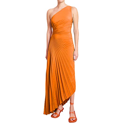 Yassiglia Damen Abendkleid Lang Partykleid Elegant Maxikleid Sommer Ärmellos EIN-Schulter Plissee Kleid für Hochzeit Cocktail Party Fest (Orange, S) von Yassiglia