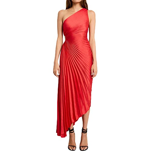 Yassiglia Damen Abendkleid Lang Partykleid Elegant Maxikleid Sommer Ärmellos EIN-Schulter Plissee Kleid für Hochzeit Cocktail Party Fest (Rot, S) von Yassiglia