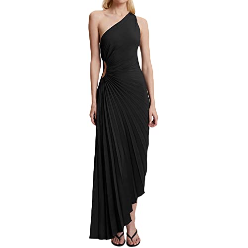 Yassiglia Damen Abendkleid Lang Partykleid Elegant Maxikleid Sommer Ärmellos EIN-Schulter Plissee Kleid für Hochzeit Cocktail Party Fest (Schwarz, L) von Yassiglia