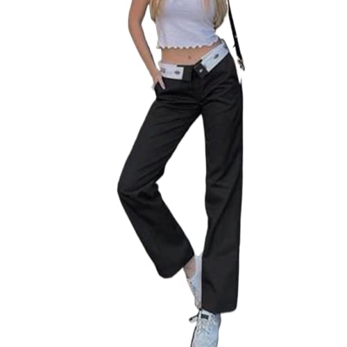 Yassiglia Damen Anzughose Weites Bein Baggy Hose Low Waist Stretch Freizeithose Reißverschluss Sporthosen mit Taschen (Schwarz, S) von Yassiglia