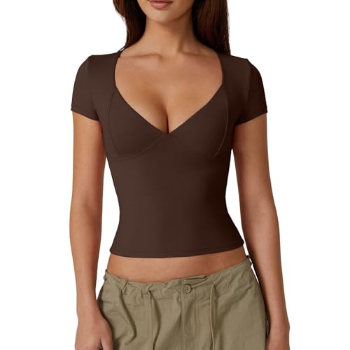 Yassiglia Damen Basic T-Shirt Y2K Crop Top Slim Fit Unterziehshirt Sommer Leichte Oberteile Sweetheart Ausschnitt Kurzarm Shirts (Kaffee, S) von Yassiglia