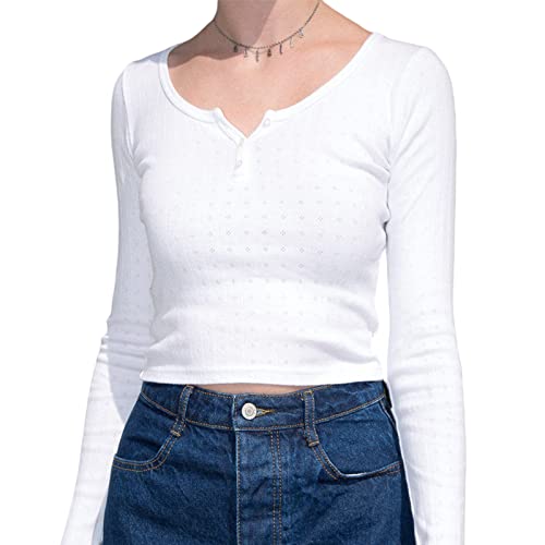 Yassiglia Damen Basic Y2K Langarmshirt Spitzen Patchwork Oberteile Aesthetic Slim Fit Pullover Sexy Elegante Langarm Crop Tops für Teenager Mädchen (C Weiß, S) von Yassiglia