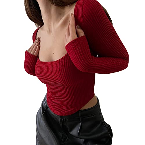 Yassiglia Damen Basic Y2K Langarmshirt Spitzen Patchwork Oberteile Aesthetic Slim Fit Pullover Sexy Elegante Langarm Crop Tops für Teenager Mädchen (Rot, M) von Yassiglia