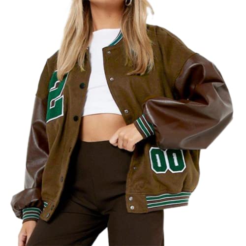 Yassiglia Damen College Jacke Sweatjacke Baseball Jacke Frauen Herbst Mädchen Sportjacke Ohne Kapuze Damen Vintage Bomberjacke Ladies College Sweat Jacket Oversized (Braun Grün, X-Large) von Yassiglia