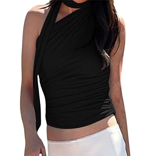 Yassiglia Damen Crop Top Y2K Aesthetic Tank Top Sexy Cami Tops Sommer Bauchfrei Oberteil Elegant Camisole Spagehtti Träger Shirts für Party Club Freizeit (Schwarz C, S) von Yassiglia