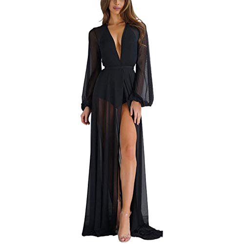 Yassiglia Damen Durchsichtiges Strandkleid Bikini Cover Up Sexy Maxikleid Transparentes Mesh Kleid Langes Sommerkleid für Strand (Schwarz B, M) von Yassiglia