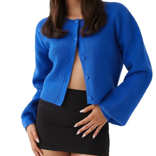 Yassiglia Damen Elegante Strickjacke Solide Farbe Rundhalsausschnitt Cardigan Herbst Button-Down Pullover Lässiges Weiches Leichtes Strickmantel (Blau, M) von Yassiglia