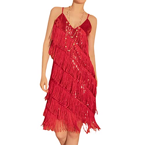 Yassiglia Damen Fransenkleid Elegant Glitzerkleid Sexy Mini Kleid Festlich Kleider mit Pailletten Quasten Vinatge 20er Jahre Kostüm Sommer Ärmellos Partykleid (Rot, L) von Yassiglia